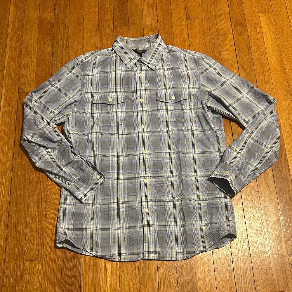 Banana Republic Slim Fit Blue White Gray Plaid Button Up Men’s L Tall 16-16.5
